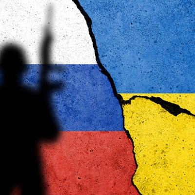 The flags of Russia and Ukraine with the silhouette of a soldier in front 